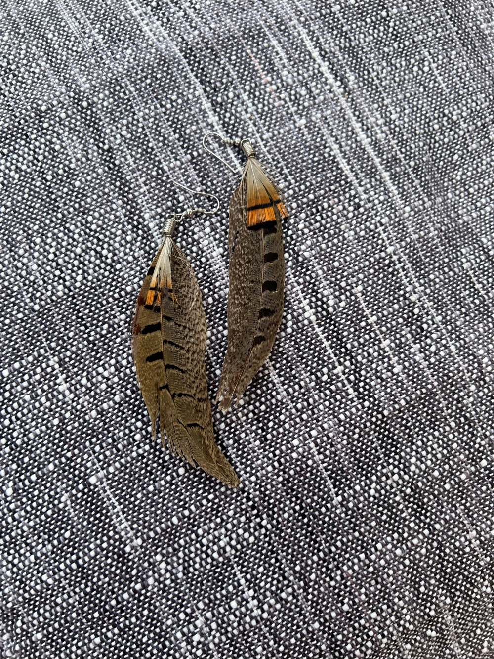 Natural Pheasant Feather Dangle Earrings Boho Earth Tones Silver Hooks